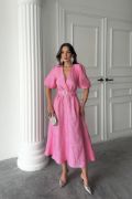 Pembe Işıltılı Kemerli Kruvaze Elbise resmi